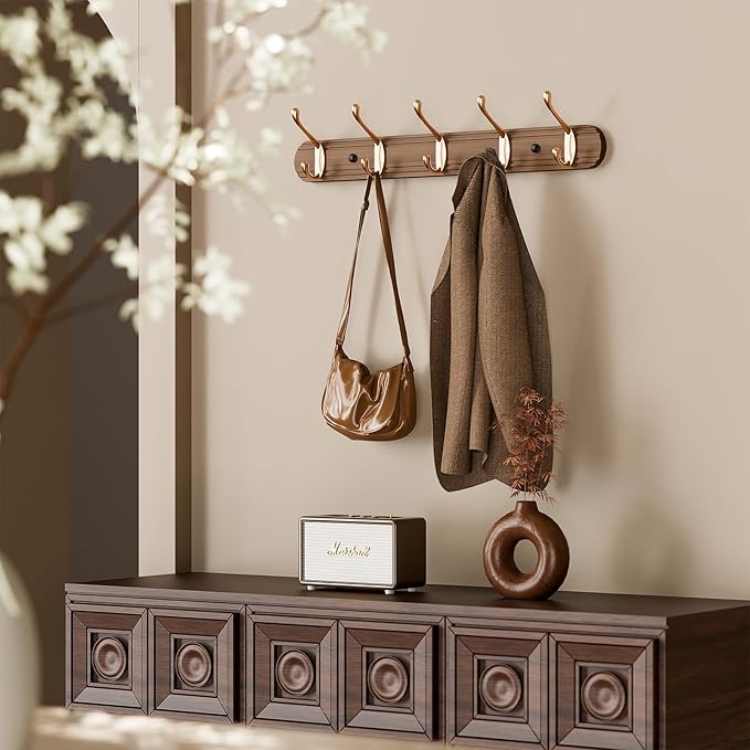 Coat Rack Wall Mount, Bamboo Coat Hanger with 5 Metal Pink Gold Hooks for Hanging Clothes, Towels, Keys, Hats, Bags(Brown)