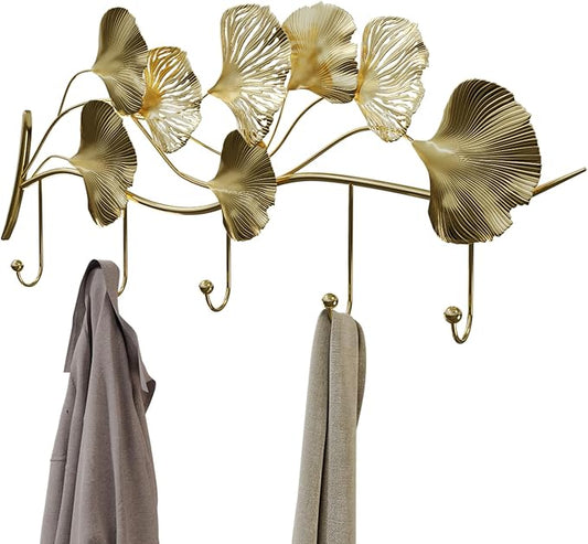 Gold Autumn Leaves Wall Hooks, 5-Pack Heavy Duty Coat Rack with Hardware & Adhesive, Wall Decorative Entryway Hanger for Hallway, Bedroom, Bathroom, Kitchen