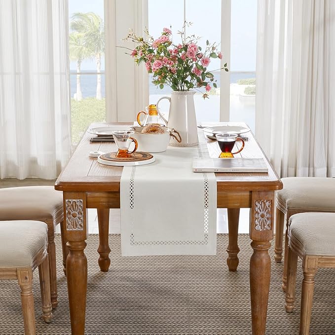 Burlap Style Farmhouse Table Runner, 13 x 36 Inch Off White, Rustic Geometric Hollow Table Runners 36 Inches Long for Dresser Table Everyday Use, 13x36 Inches, Off White