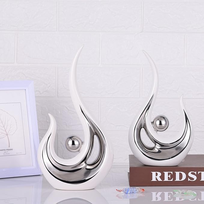 LCCCK 2-Pack Modern Abstract Art Home Decor Accent, Contemporary Statues Coffee Table Decor for Living Room, Dining Room Centerpieces, Ceramic Sculptures and Silver Knick Knacks for TV Stand Decor