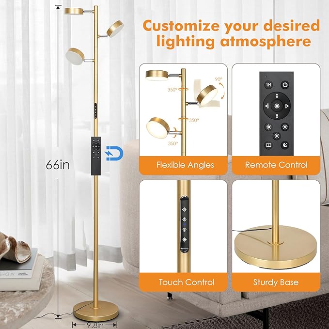 JUNNAI Gold Floor Lamp for Living Room with Remote Modern Tall Standing Lamp Dimmable LED Brass Tree Floor Lamps with 3 Adjustable Heads Touch Control 4 Color Temperatures for Bedroom Office Reading