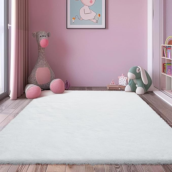 Shag Area Rug for Bedroom 4x6,White Fluffy Area Rugs for Living Room,Soft Fuzzy Rug Non-Shedding Indoor Plush Carpet for Kids Bedroom Nursery Dorm Home Decor