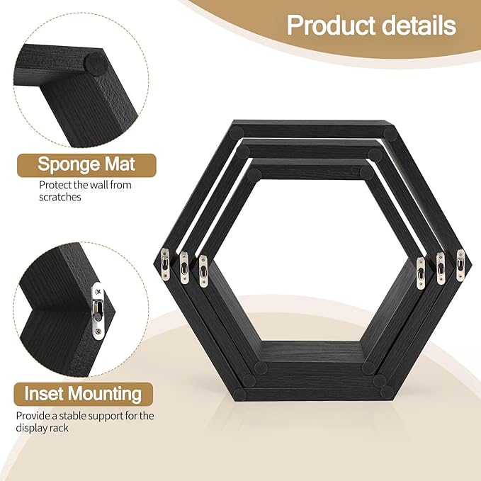 YBING Hexagon Floating Shelves Black Hexagonal Shelves Set of 6 Wood Honeycomb Shelves for Farmhouse MDF Hexagon Wall Decor Storage Shelves for Bedroom Office Living Room