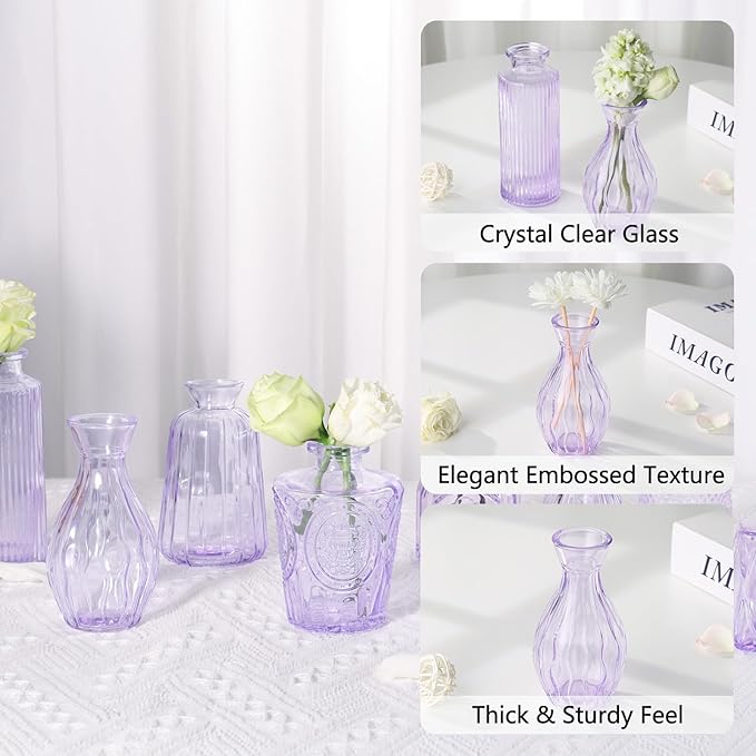 RUCKAE Purple Flower Vase in Bulk 22 Glass Bud Vases Vintage Small Vases for Centerpiece Table Wedding Decorations Home Decor Party (Purple 22 Pack)