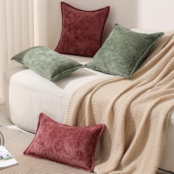 DEZENE Pack of 2 Forest Green Christmas Decorative Throw Pillow Covers 12x20 Cozy Soft Chenille Accent Vintage Rectangular Lumbar Couch Pillow Covers for Home Decor Bed Sofa Living Room