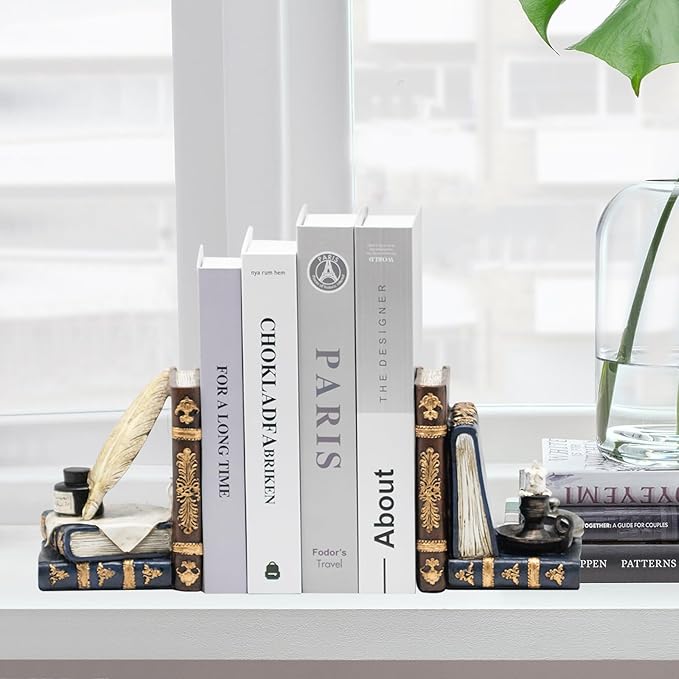 Vintage Book Ends for Shelves,Book Ends for Heavy Books,Deluxe Feather Quill Pen Ink Bottle with Oil Lamp Decorative Bookends,Heavy Duty Bookends for Large Books，Magic Home Decor