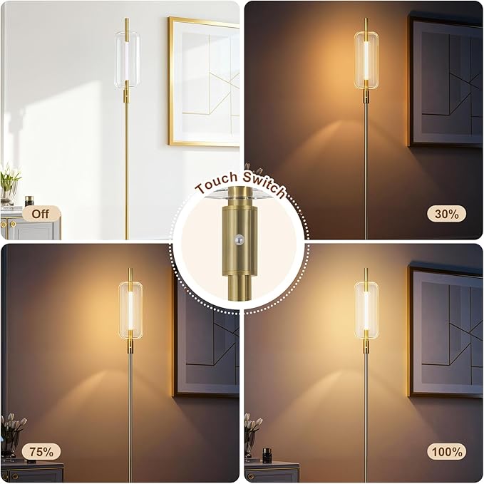 KIVDITZO Dimmable Glass Floor Lamps for Living Room, Modern Standing Floor Lamp with Glass Lampshade, Marble Base, 64" Tall Lamp with Touch Switch for Bedroom Office Living Room