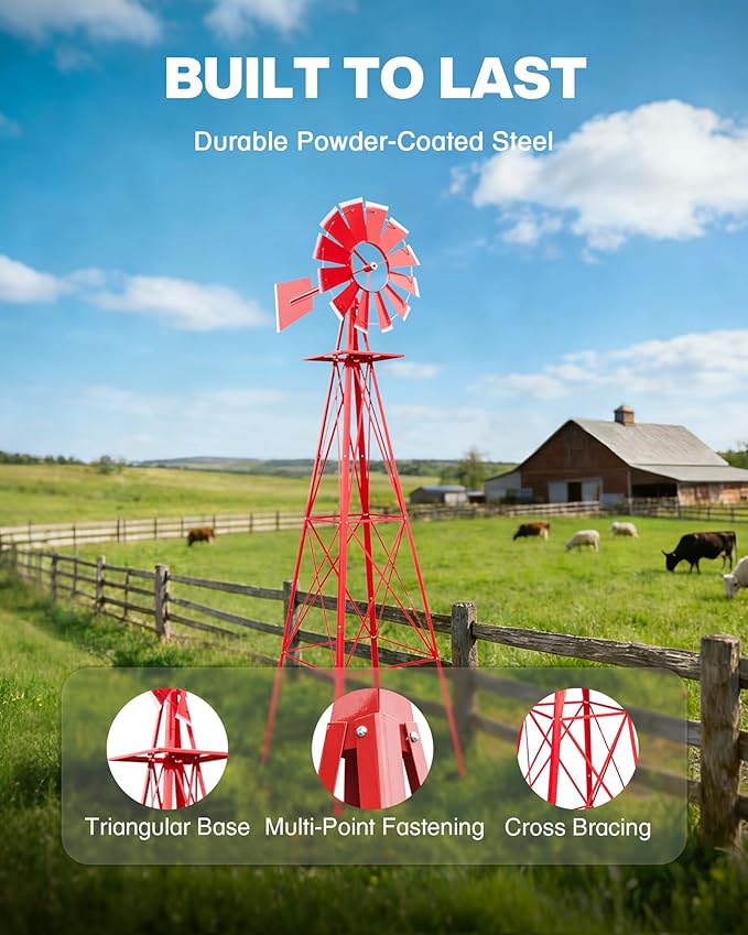 8FT Windmill for Yard Garden Decoration with Weather Vanes，Heavy Duty Outdoor Wind Mills, Large Metal Outdoor Windmill,Weather Resistant,Red