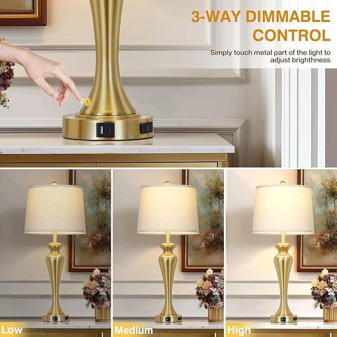 30 Inch Gold Single Table Lamp, 3-Way Dimmable Touch Control Bedside Lamps with USB A+C Ports and AC Outlet, Metal Brass Bedroom Lamps for Night stand, Modern Tall Lamp for Living room end table