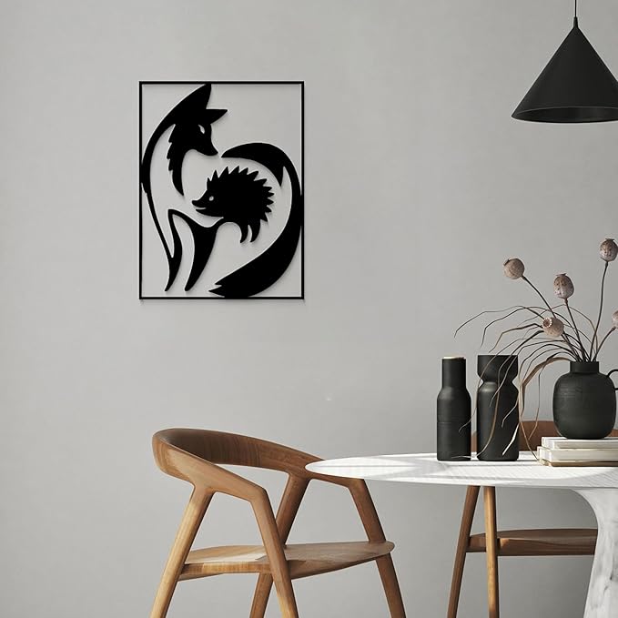GlintHome Black Metal Wall Art - Fox and Hedgehog Cute Silhouette Wall Decor for Bathroom Bedroom Living Room Home Decor
