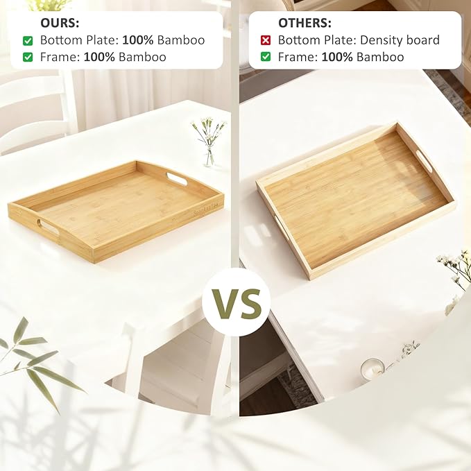 Bamboo Serving Tray with Handles, Set of 2 Large Wood ServingTrays for Food & Coffee, Elegant Wooden Tray for Breakfast in Bed, Kitchen & Party-Natrual Finish