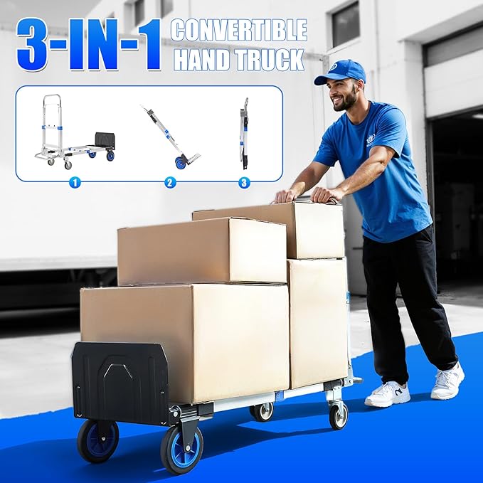3 in 1 Aluminum Folding Hand Truck Dolly Cart with Wheels 600 Lbs Capacity Collapsible Heavy Duty Convertible Trolley with Retractable Handle for Moving Home Warehouse Office Camping (Blue)