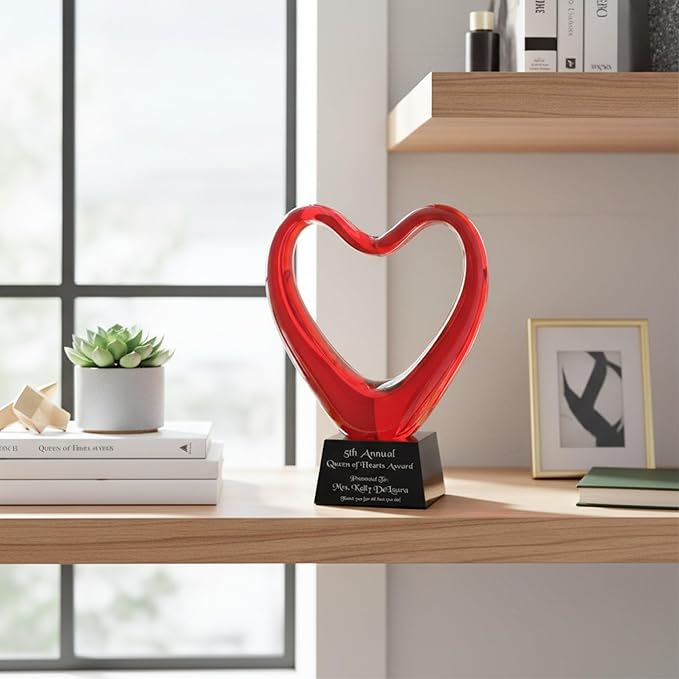 Personalized 6.5" Red Glass Heart Award, Custom Engraved Decorative Heart-Shaped Glass Award Statue for Appreciation, Recognition, Grattitude