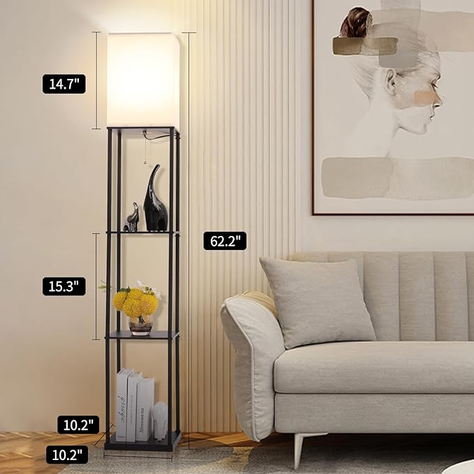 Floor Lamp with Shelves, Modern Square Standing Lamp with 3 Color Temperature Bulb, Corner Display Bookshelf Lamp for Living Room, Bedroom and Office (Black-2 Pack)