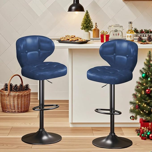 Bar Stools Set of 2,Adjustable Swivel Barstools, Modern PU Leather Upholstered Bar Chair with Back and Footrest,for Bar, Kitchen, Dining Room （Blue） 2