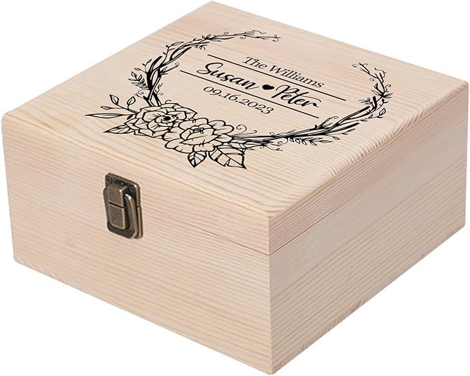 Personalized Wedding Keepsake Box Custom Name Date, Wooden Memory Box Wedding Gift Box for Couples Newlyweds - Customized Gifts for Bridal Shower Anniversary Engagement Christmas