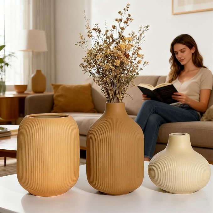 Ceramic Boho Vase Set of 3, Modern Colorful Ceramic Vases with Ribbed Texture, Minimalist Home Decor for Table Centerpiece, Kitchen, Living Room, Table Shelf, Office Decor