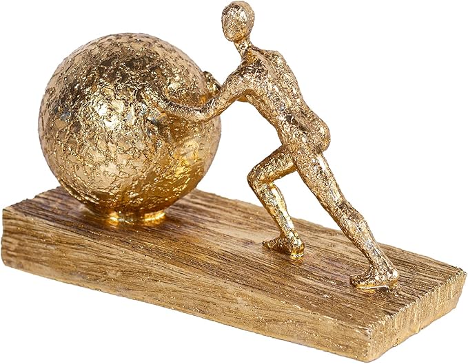 Man with Sphere Iron Statue Metal Sculpture Sportsman Art Metal Ornament Figurine Home and Office Decor （Golden）