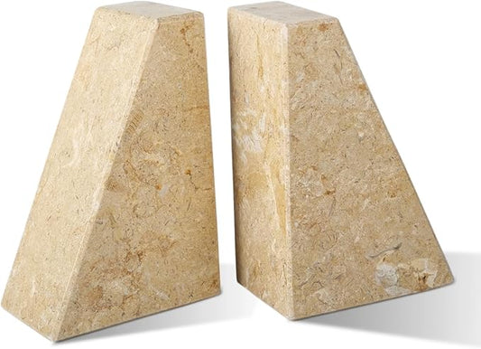 Marble Bookend for Heavy Books, Decorative Bookends for Shelves, Durable and Heavy-Duty Book End for Hardback Book & CDS, Unique Book Stopper & Holder, Pearlly Yellow, Set of 2