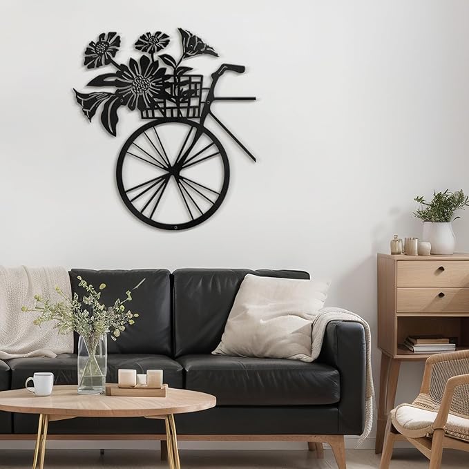 SIGNLEADER Metal Wall Art Decor Floral Bouquet in Bicycle Modern Abstract Wall Sculpture Hangings Home Decoration for Living Room, Bedroom, Bathroom, Kitchen, Outdoor - 18" Black