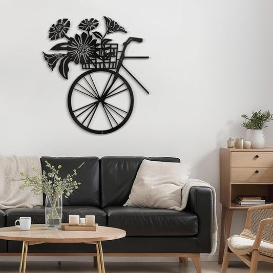 SIGNLEADER Metal Wall Art Decor Floral Bouquet in Bicycle Modern Abstract Wall Sculpture Hangings Home Decoration for Living Room, Bedroom, Bathroom, Kitchen, Outdoor - 18" Black