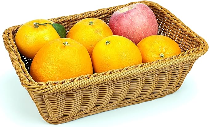 12" Poly Wicker Bread Basket, Hand Woven Food Storage Room Organizer, Fruits, Vegetables and Snacks Tabletop Food Serving Basket, Restaurant, Hotel Service, Brown