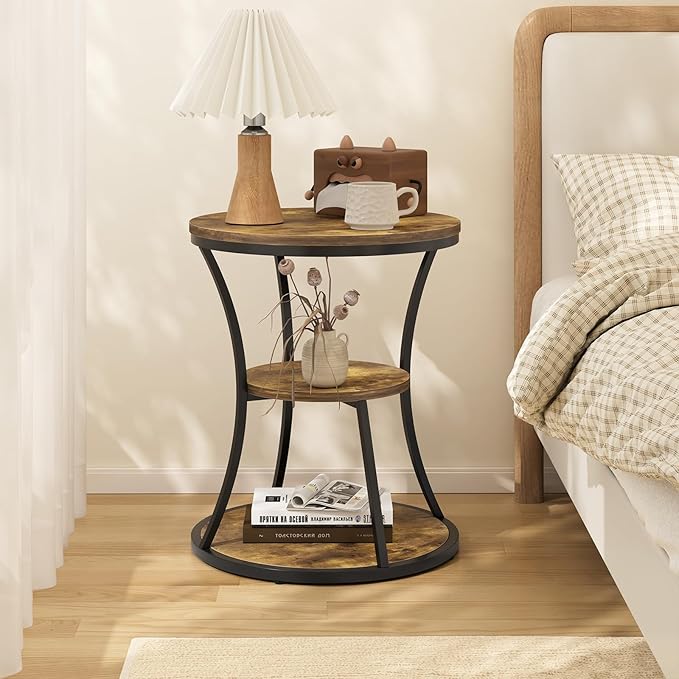 21.65 inches Round End Table,3 Tier Side Table with Storage Shelf,Compact Coffee Table and Tea Sofa Table,Vintage Nightstand for Living Room Bedroom Study Small Spaces ,Rustic Brown and Black