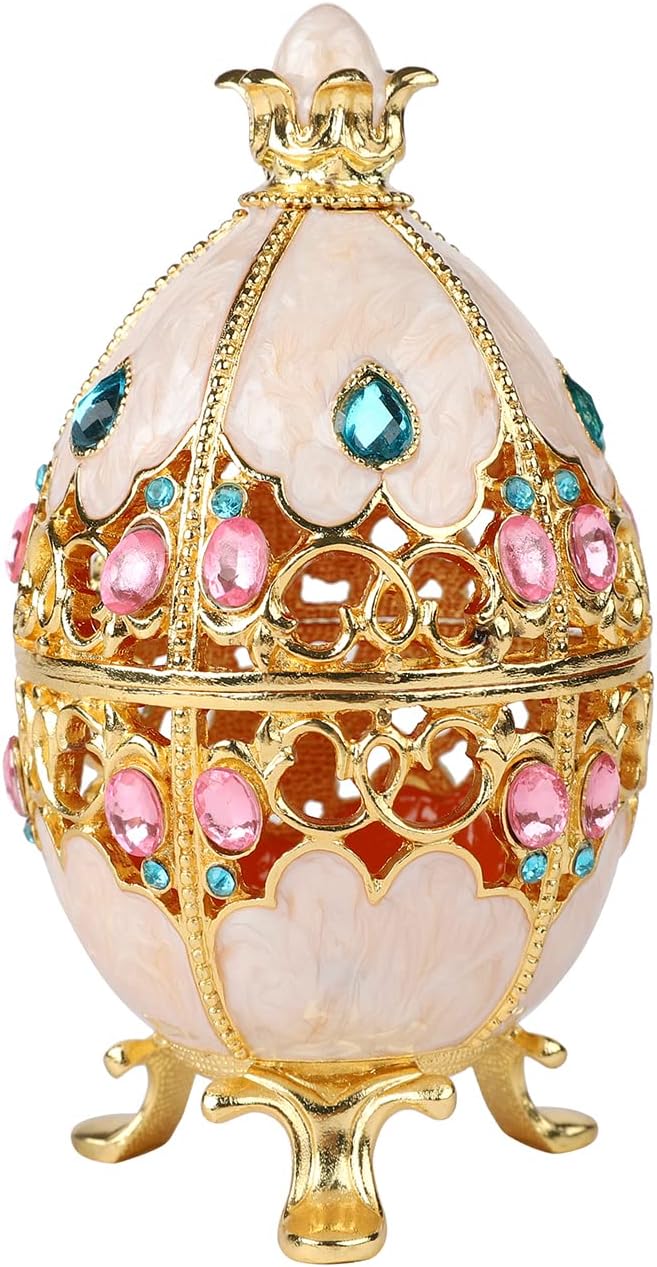 Trinket Box with Hinged White Hollow Out Easter Egg Enamel Jewelry Box Classic Ornaments Metal Craft Gift for Home Decor