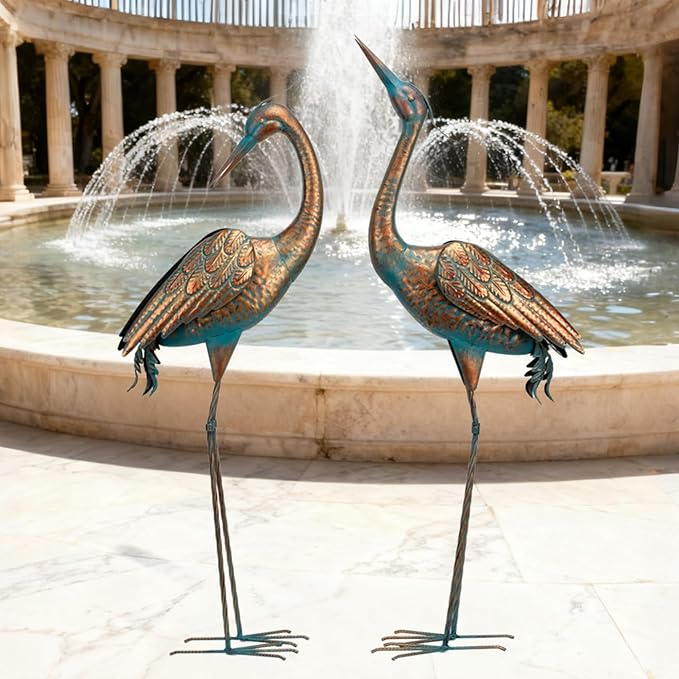 chisheen Garden Crane Statues Blue Heron Metal Yard Art Outdoor Decoration,Large Sculptures for Lawn Patio Porch,39-44 inch,Set of 2
