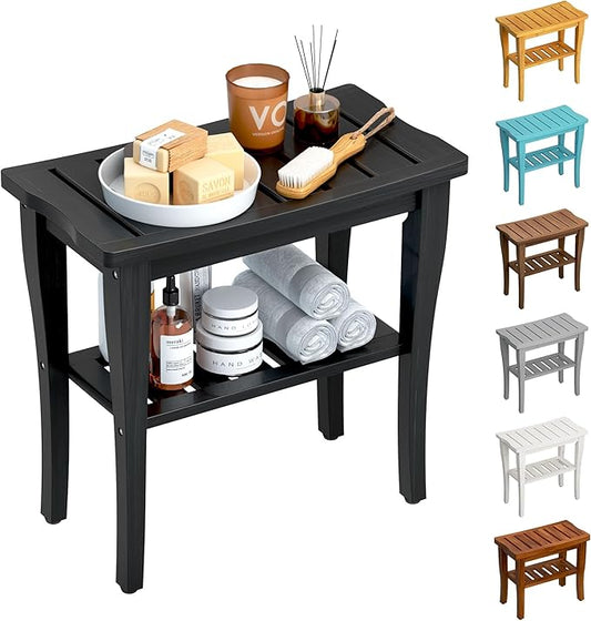Bamboo Shower Bench Stool with Storage Shelf, Waterproof Shower Chair Spa Bath Seat, Shower Stool for Inside, Bathroom Bench Seat for Adults Elderly Seniors for Indoor or Outdoor Use(Black)