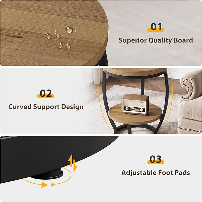 Round End Table, 2 Tier Industrial Side Table, Nightstand with Metal Frame, Accent Bedside Table with Storage Shelves for Living Room, Bedroom, Small Spaces, Light Brown & Black