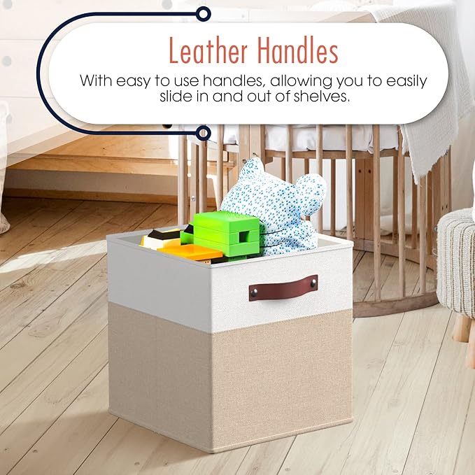 Ornavo Home 11 x 11 Storage Cube Bins, Foldable Collapsible Fabric Storage Bins Box Linen Shelf Basket Cube Organizer for Closet with Leather Handles, 6 Pack, White/Khaki