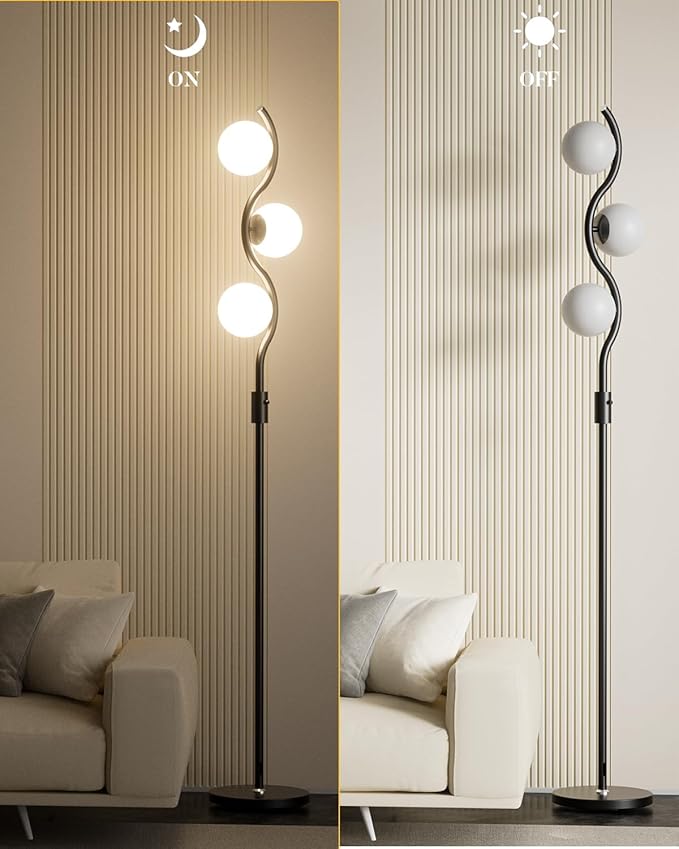 ACOHOOK Dimmable Globe Floor Lamp Black Standing Lamps with 3 Soft Warm White 3000K Bulbs, Mid Century Modern Floor Lamp for Living Room Bedroom Home Decor