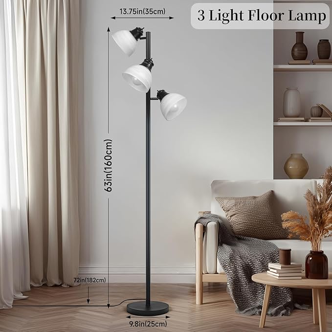 DMBOSS 63" Modern 3-Head Adjustable Floor Lamp, Standing Lamp with Glass Shades for Living Room, Bedroom & Office,3x9W E26 LED Bulbs Included, Weighted Base