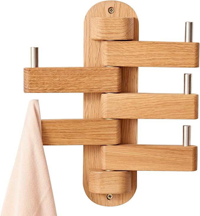 Oak Wood Coat Hooks, Coat Rack Wall Mount Swivel & Heavy Duty Wall Hooks for Bedroom, Entryway, Living Room, Bathroom,Office, Classroom