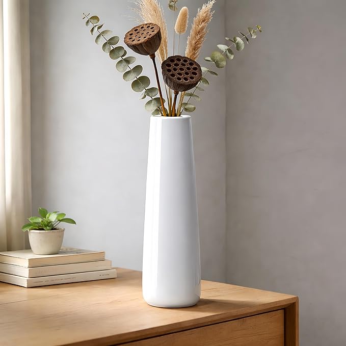12 Inch White Vase Ceramic Flower Vase, Tall Vases for Pampas Grass, Home Decor, Modern Textured Vases for Living Room Decorations,Table Centerpieces,Shelf,Farmhouse Small Ceramic Vase