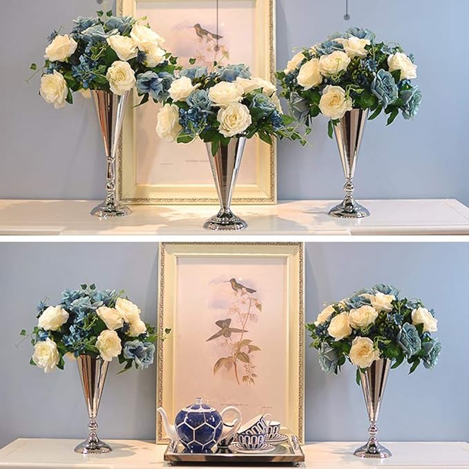 Sziqiqi Trumpet Vase Floral Centerpiece Riser Stand for Wedding Reception Centerpieces Party Event Anniversary Birthday Decoration Flower Arrangement Pack of 10, Silver 14in
