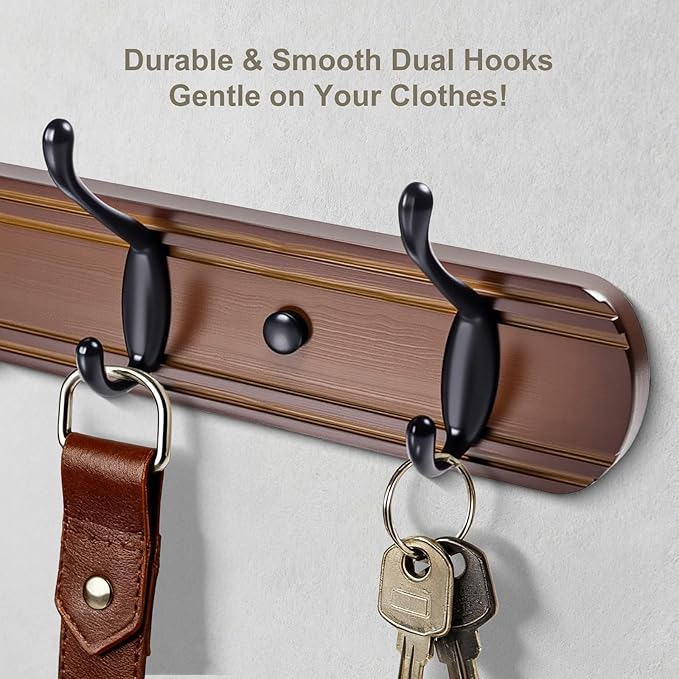 Coat Hooks Wall Mount, Wood Bamboo Wall Coat Rack with 5 Metal Hooks for Hanging Clothes, Towels, Keys, Bags(Brown&Black)