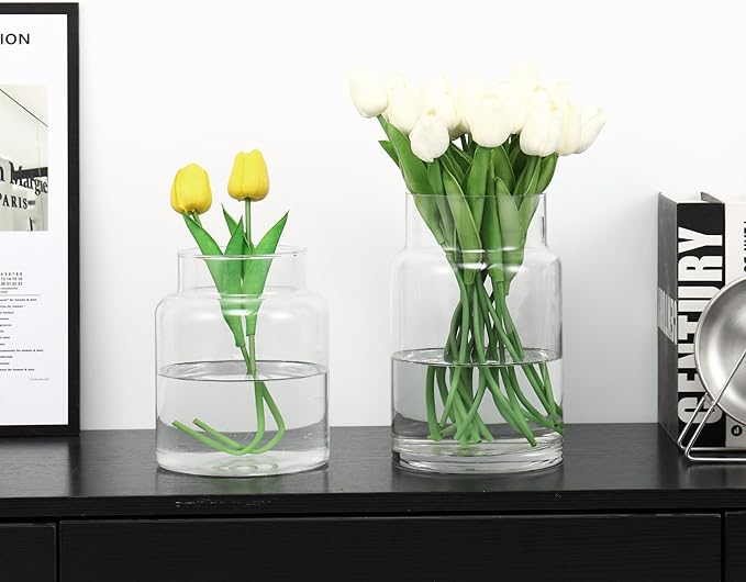 Large Glass Vase, Clear Glass Vase Set of 2, Large Flower Vases for Bouquet, Tall Wide Mouth Vases for Flowers, Home, Wedding, Living Room, Office Decor, 7"+9"