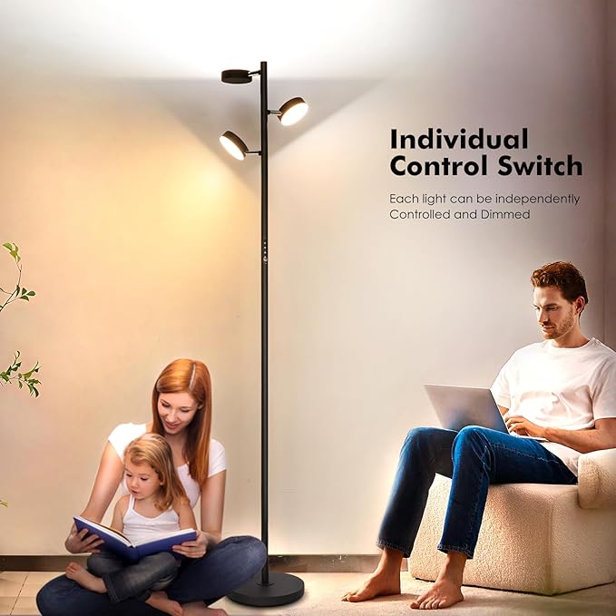 JUNNAI LED Tree Floor Lamp with Remote & Touch Control, 3 Heads Adjustable Dimmable Modern Floor Lamps with Timer, 4 Color Temperatures, Tall Standing Lamp for Living Room, Bedroom, Office, Black