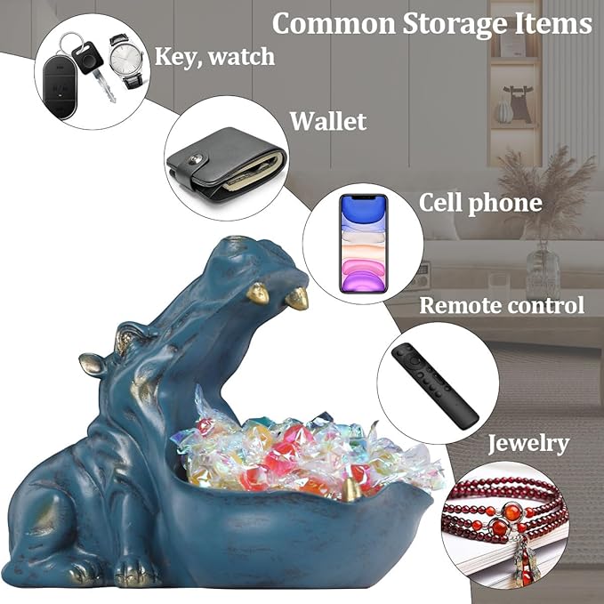 Hippo Figurine Candy Dish & Key Bowl - Unique Resin Hippopotamus Statue for Office Desk & Entry Table Decor - Multifunctional Sundries Container, Jewelry Stand, and Wallet Holder - Cute Hippo Gifts