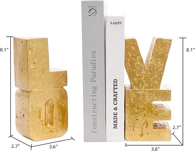 Book Ends Decorative Love Design,Modern Heavy Duty Gold Bookends for Shelves,Resin Book Holders, Book Stoppers for Home Desk Decoration, Unique Love Sculpture Bookends,Gifts for Christmas's Day