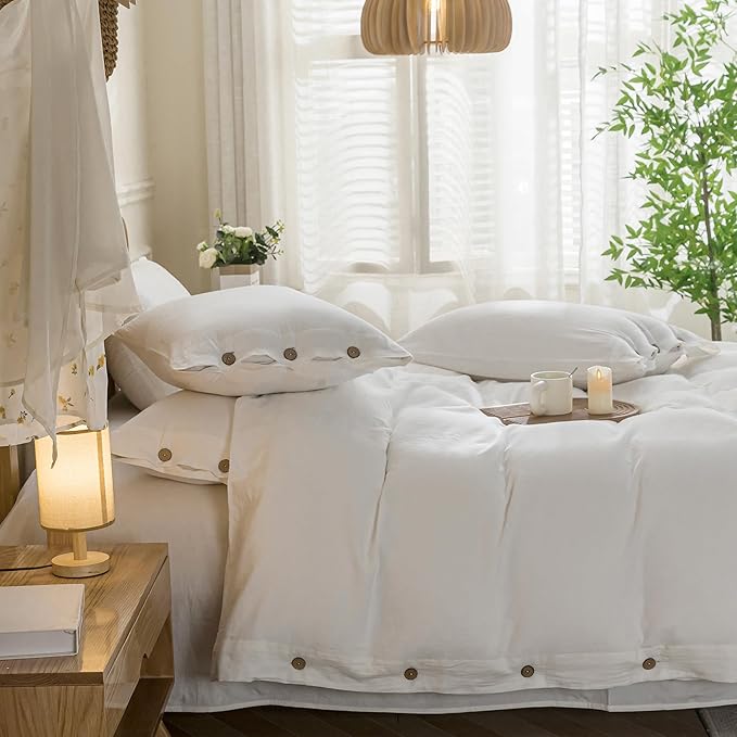 JELLYMONI Cotton Duvet Cover King Size - Bright White Comforter Cover with Button 100% Washed Cotton 3PCS Breathable Soft Solid Bedding Set Duvet Cover 104×90in & 2 Pillowcases (NO Comforter)