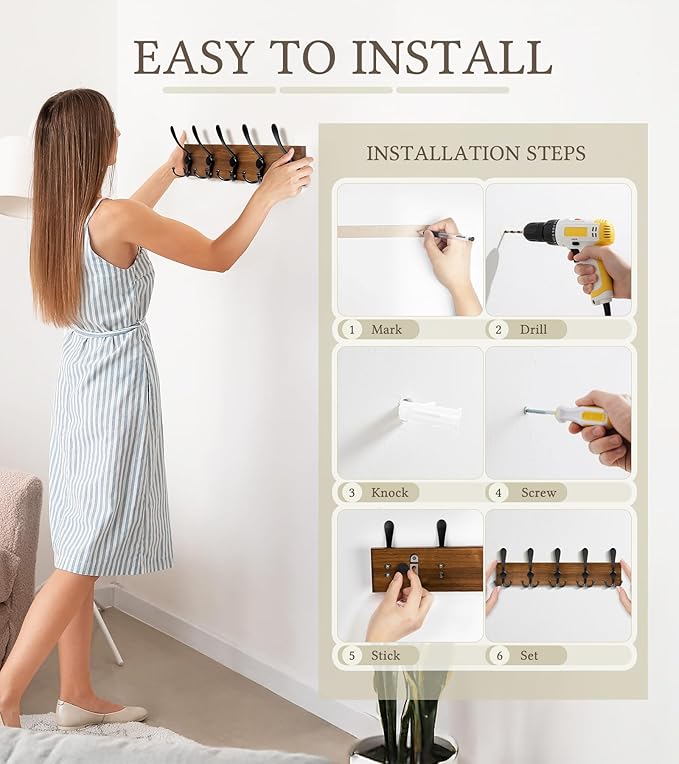 RELBRO Coat Rack Wall Mount, 16.7 Inch Wooden Wall Coat Hanger with 5 Triple Hooks, No Assembly, Brown, 2 Pcs