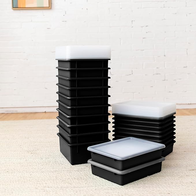 ECR4Kids Letter Size Tray with Lid, Storage Bin, Black, 10-Piece