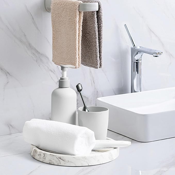 WORHE Natural Marble Decorative Tray for Bathroom Bedroom Kitchen Dresser, Round Vanity Trays for Jewelry, Perfume, Cosmetic, Candle, Countertop Storage Organizer for Home Decor Color White (TP601)