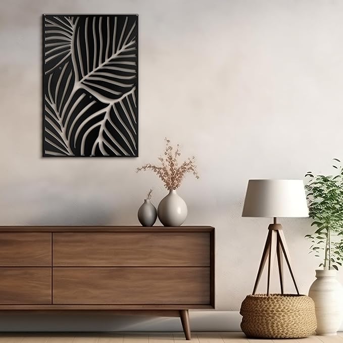 SIGNLEADER Metal Wall Art Decor Black Leaves Minimalist Modern Abstract Wall Sculpture Hangings Home Decoration for Living Room, Bedroom, Bathroom, Kitchen, Outdoor - 18" Black
