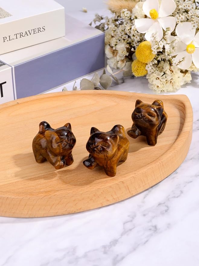 Jovivi Natural Tiger Eye Crystal Cat Statue Home Decor Carved Gemstone Cats Figurine Collectibles Pocket Sculpture Pet Memorial Decorative Ornament Gift for Cat Lovers