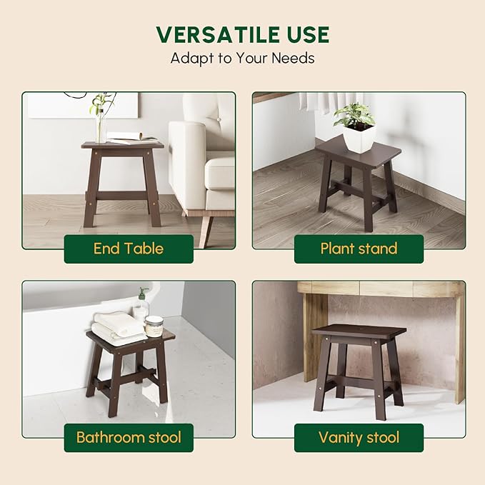 BEEFURNI Rectangular Acacia Wood Stool, Small Bench Seat, 18 Inch Stool, Wood Bathroom Vanity Bench, Plant Stand Indoor, 350 LBS Load Capacity, 1-Year Manufacturer Warranty (Brown)