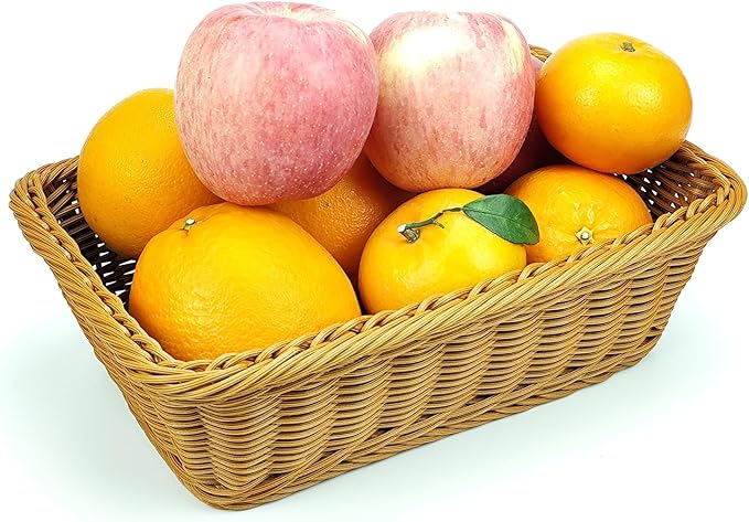 12" Poly Wicker Bread Basket, Hand Woven Food Storage Room Organizer, Fruits, Vegetables and Snacks Tabletop Food Serving Basket, Restaurant, Hotel Service, Brown